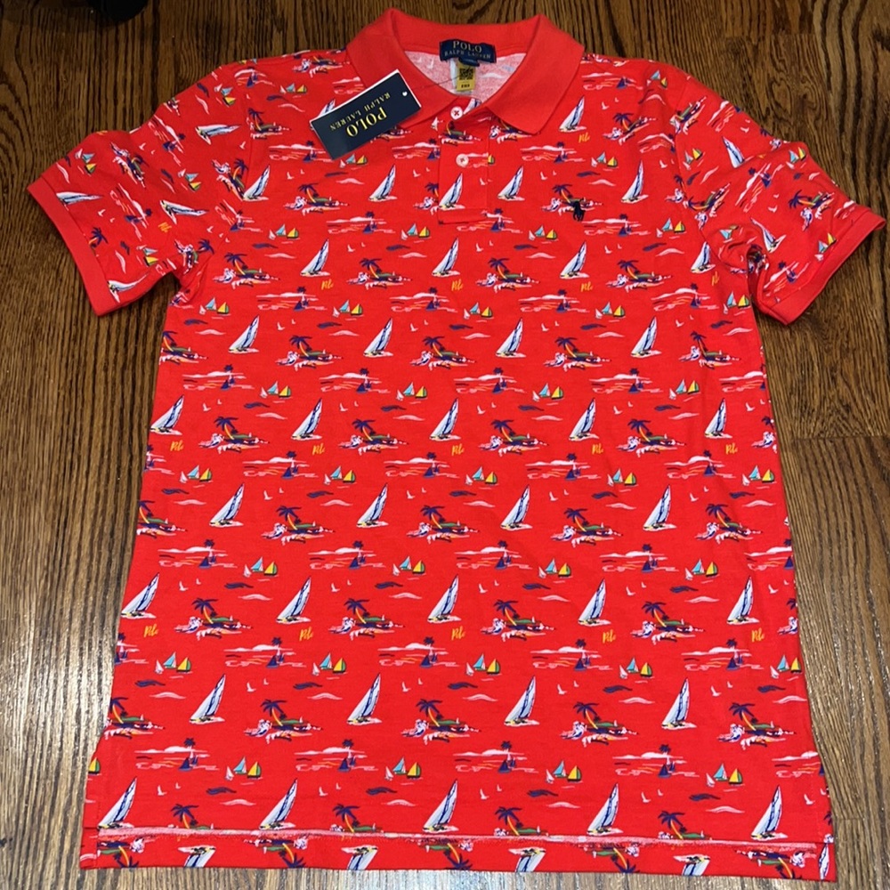 Polo Ralph Lauren Boys Sailboat Cotton Mesh Red Polo Shirt NWT Medium & X-Large - Picture 2 of 7